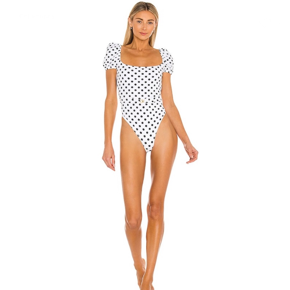 Caroline Constas      Delos One Piece in White Polka Dot
Large
